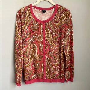 Talbots Paisley Print Pink Cotton Blend Button Front Sweater Size Large Petite